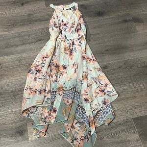 Zunie Asymmetrical Floral Dress - Peach and Blue